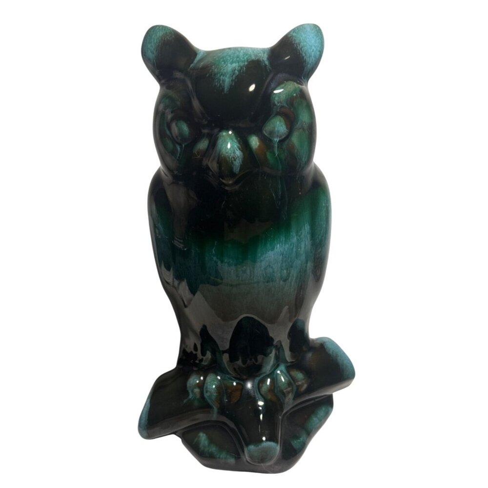 Blue Mountain Pottery Owl Figure Vintage Green Drip Glaze 10" MCM Canada